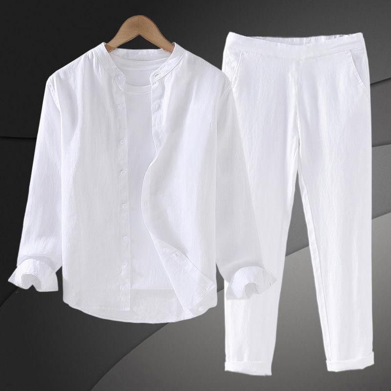 Mens Linen Shirt Long Sleeve - Set Camicia e Pantaloncini Leggeri e