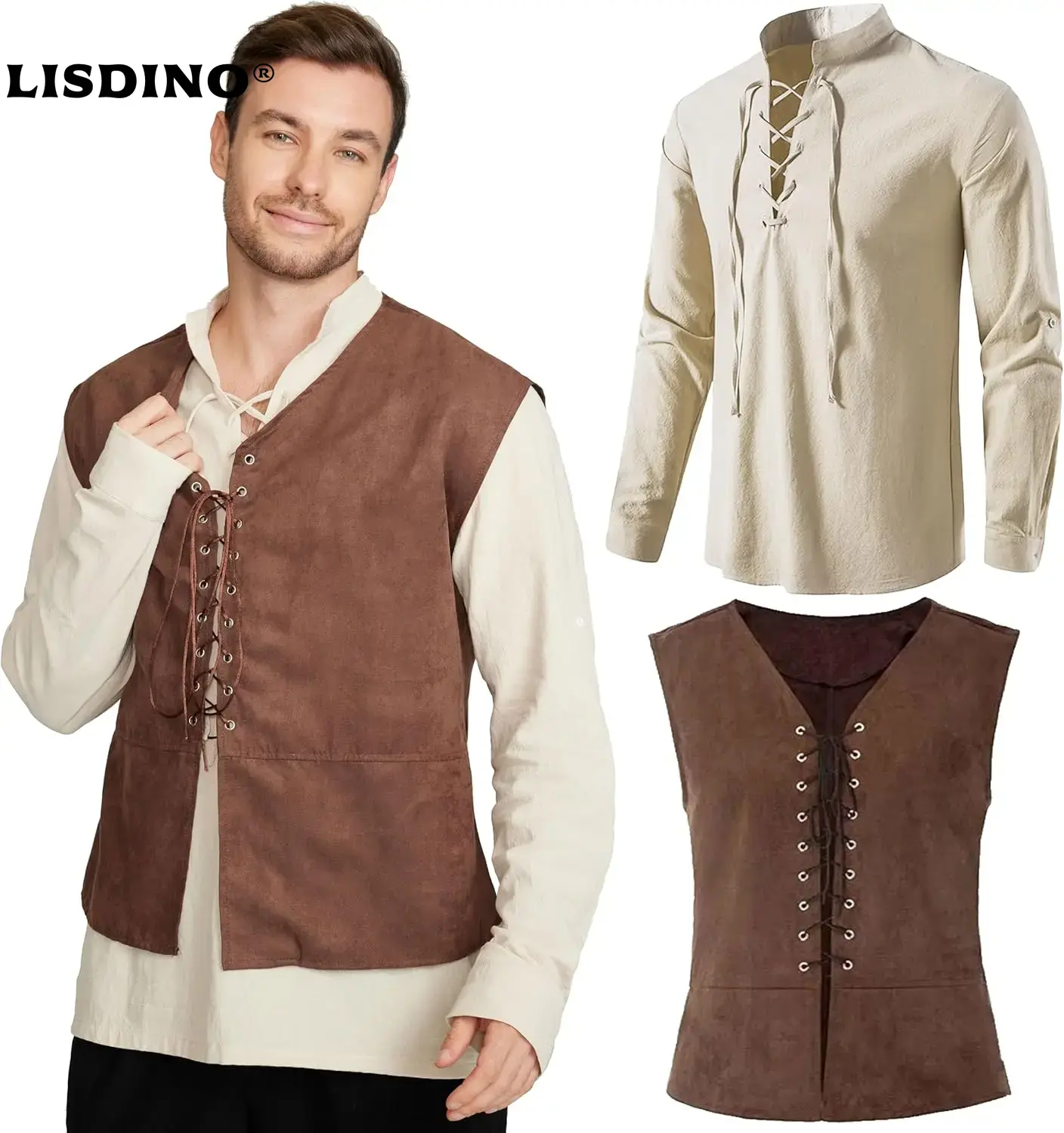 Medieval Gothic Lace Up Pirate Shirt - Set da 2 pezzi Gilet da